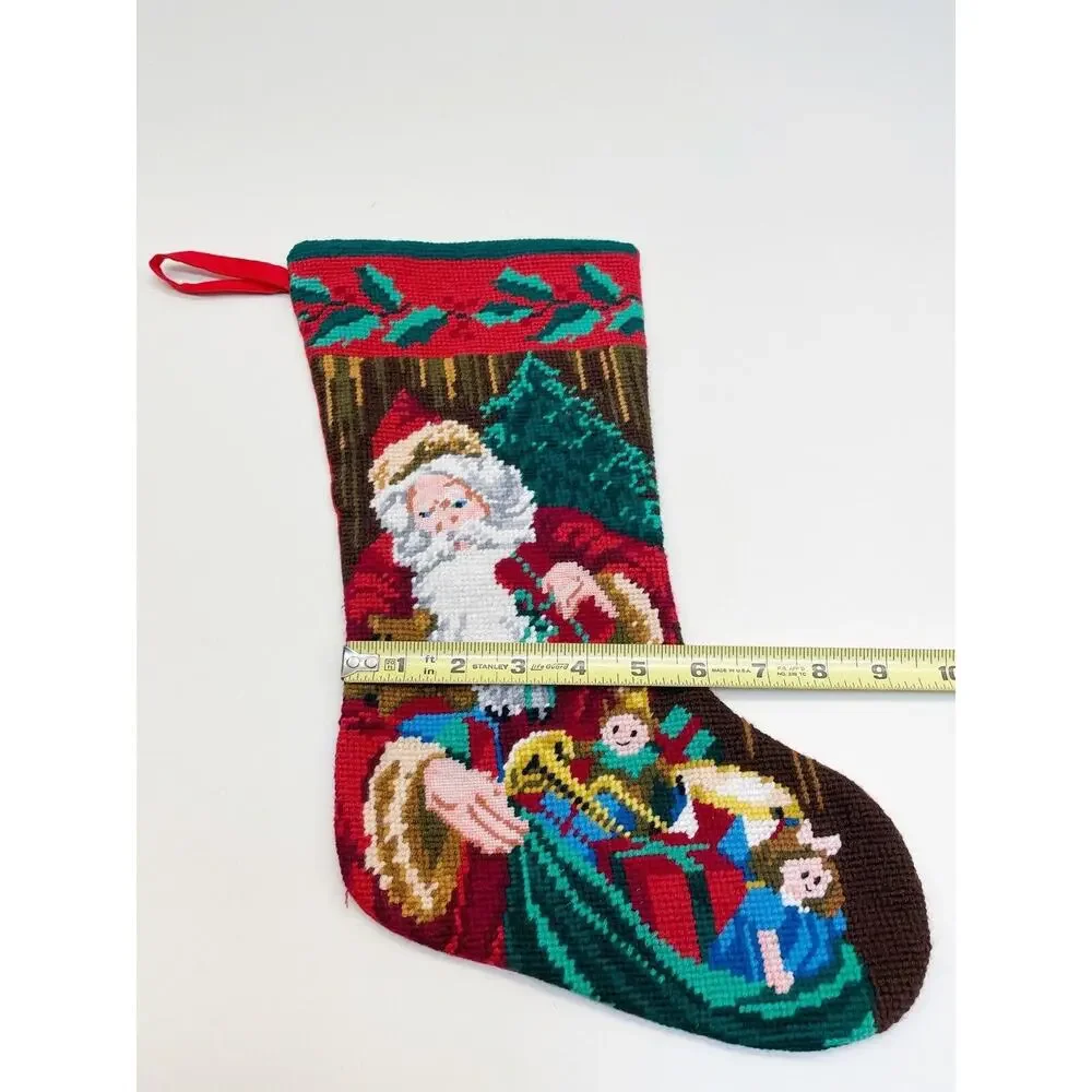 Vintage Needlepoint Wool Christmas Stocking Santa Bag of Toys